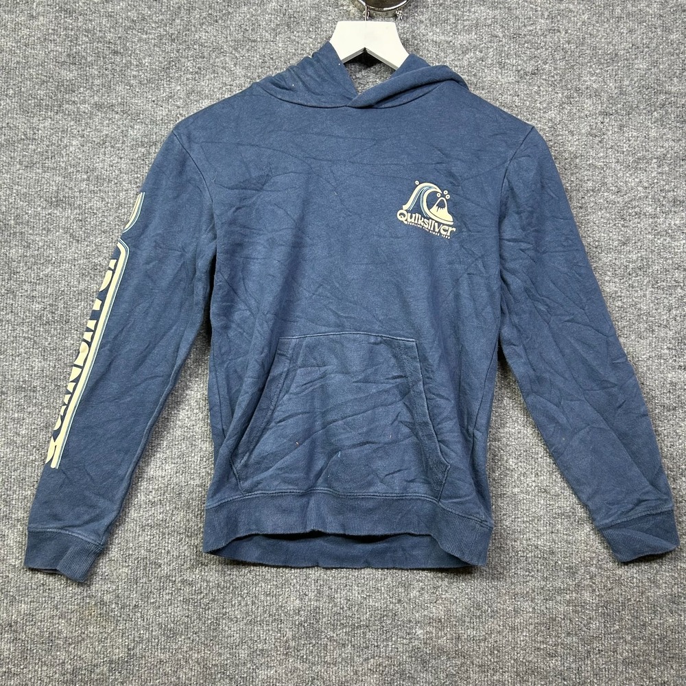 Quiksilver Hoodie Men's Blue Graphic Wave Logo Long Sleeve Pockets Pullover